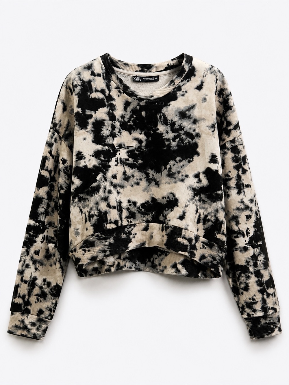 Zara Black & Beige Tie-Dye Cropped Sweatshirt